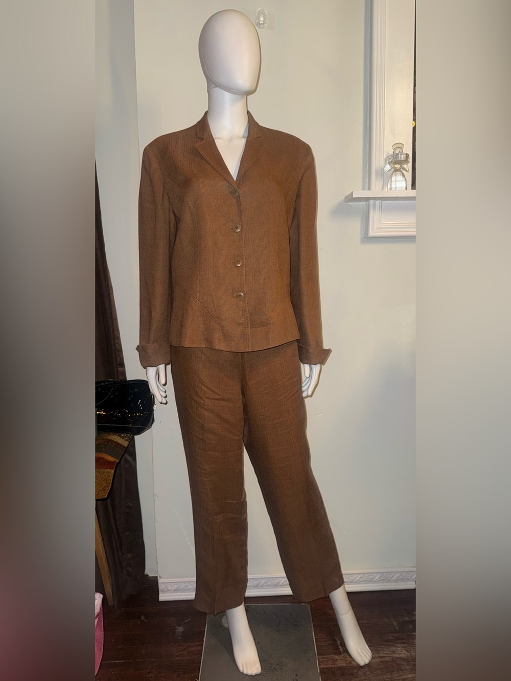 Anne Klein Brown Textured Linen Blend Two-Piece Pantsuit